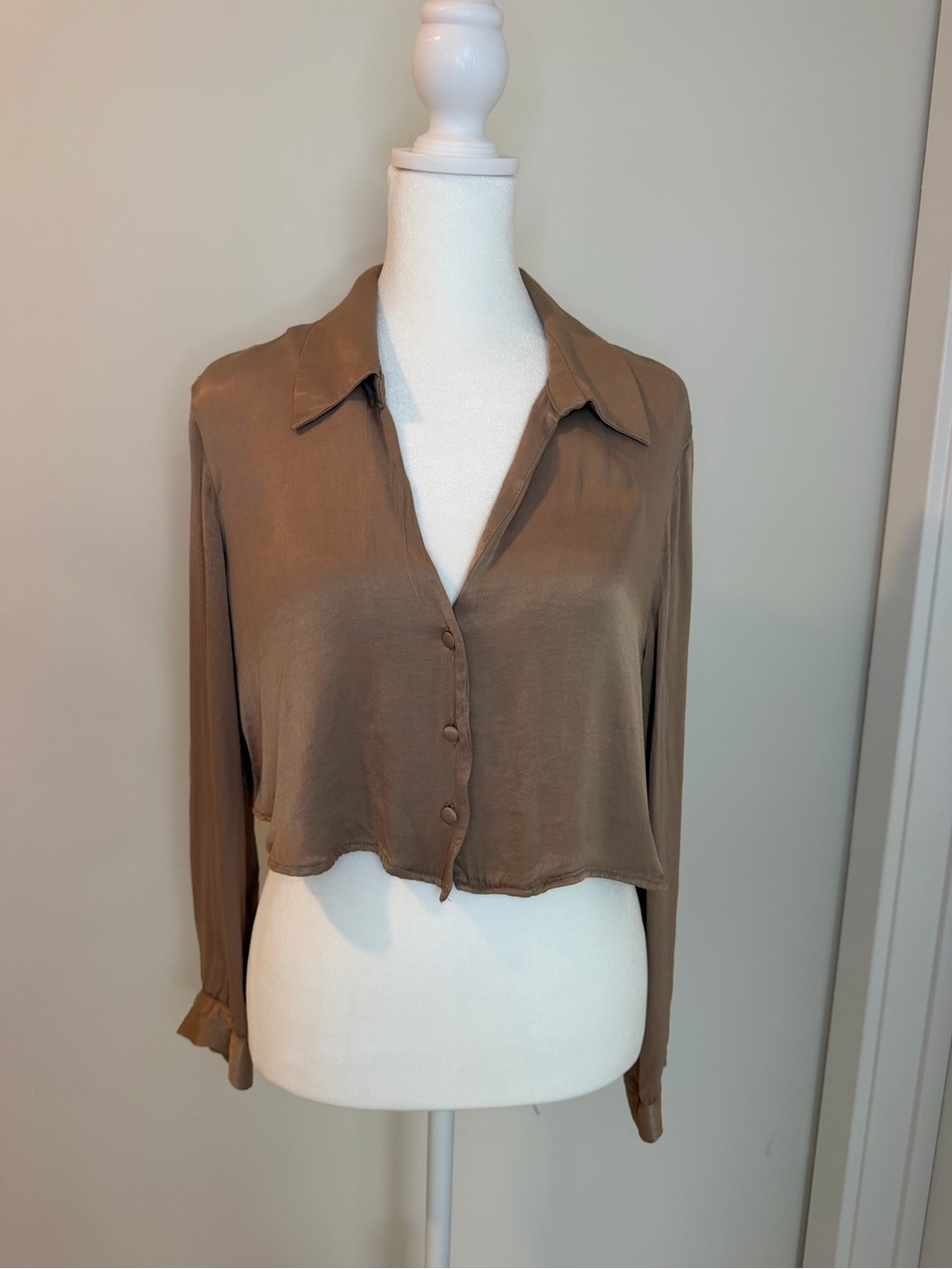 ZARA Womens Brown Cropped Button-Front Shirt